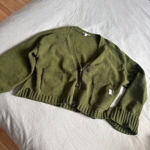 Cropped Olive Green V-Neck Button Front Cardigan